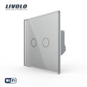 Interrupteur mural tactile intelligent Livolo WiFi avec panneau en verre  sans fil & neutre unipolaire, 2 bontons/1voie gris