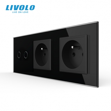 Triple combinaison : double interrupteur tactile 2 boutons et 2 prises de courant avec terre - France